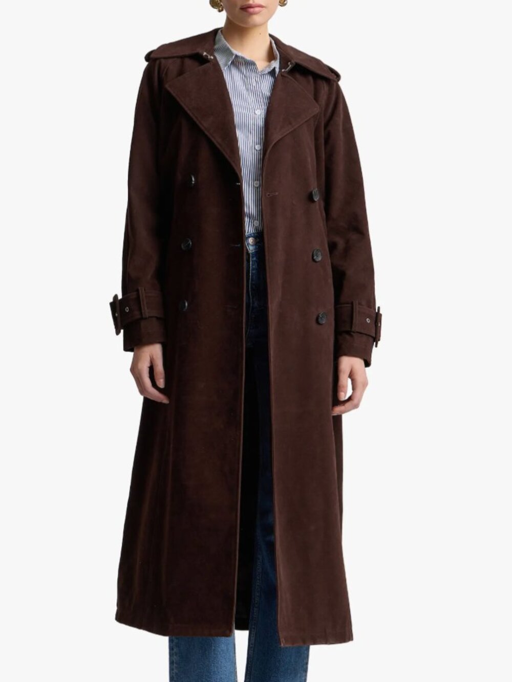 NWT Avec Les Filles Double Breasted Brown Faux Suede Maxi Trench Coat, Size L